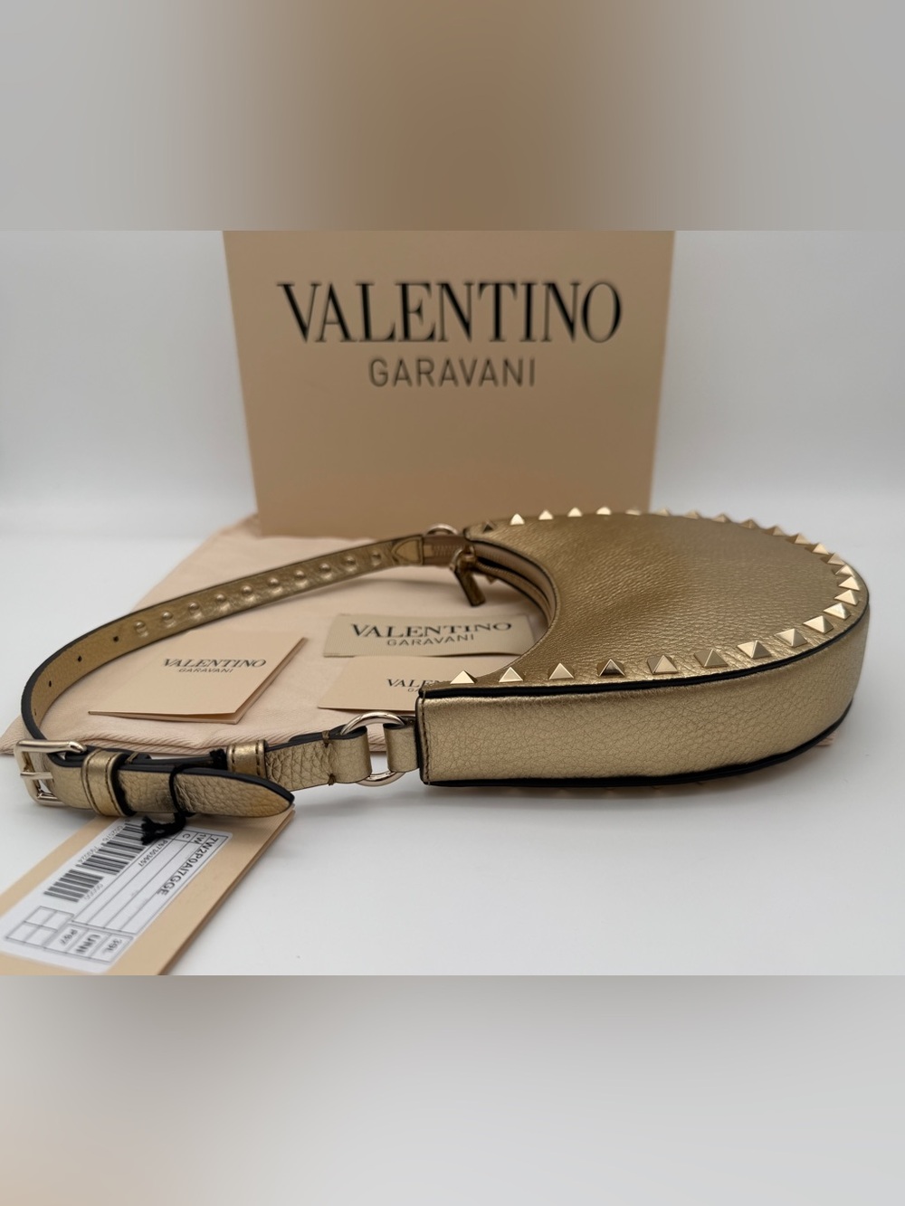 NEW VALENTINO GARAVANI LEATHER ROCKSTUD MINI HOBO GOLD BAG PURSE AUTHENTIC! - Picture 10 of 14